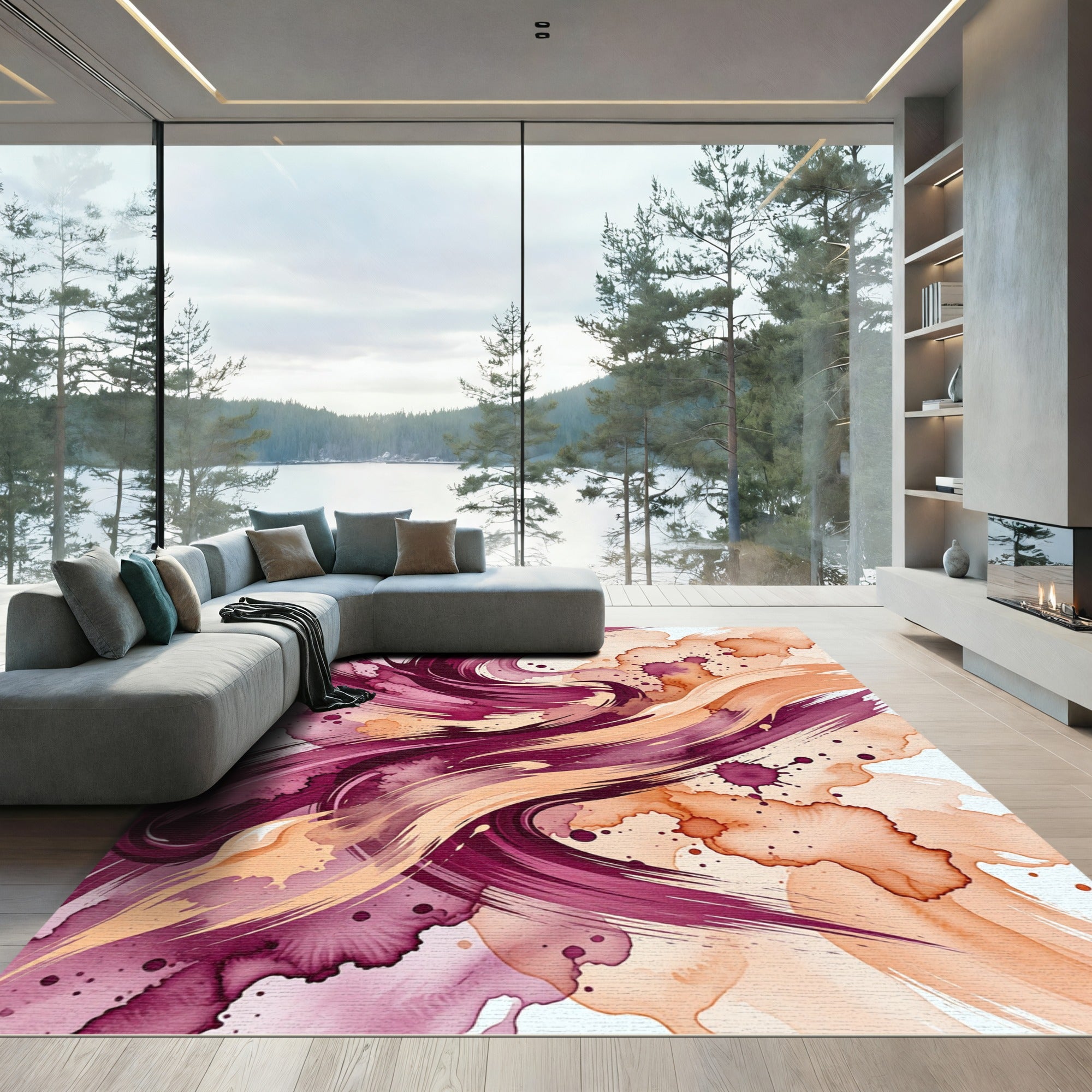 Crimson and Ochre Swirling Ink Splatter Rug