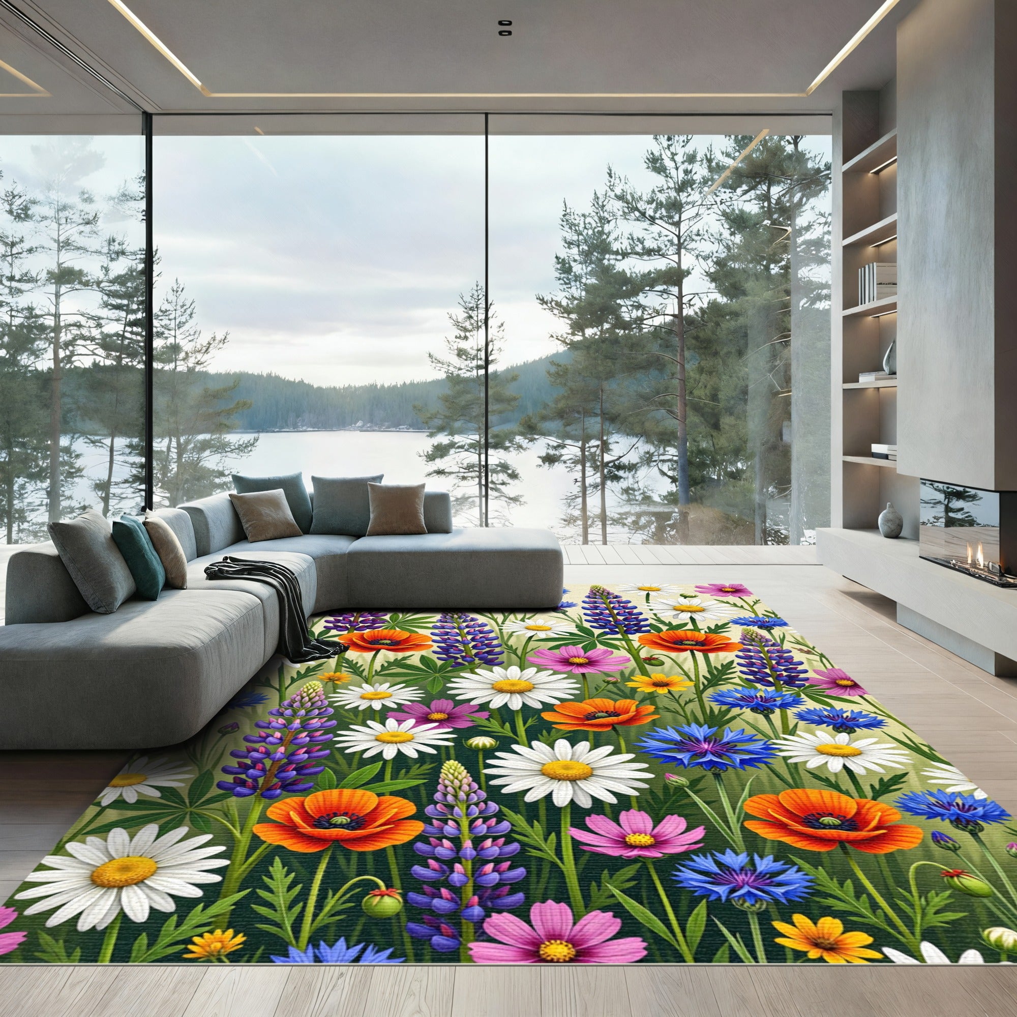 Vibrant Wildflower Meadow Floral Field Rug