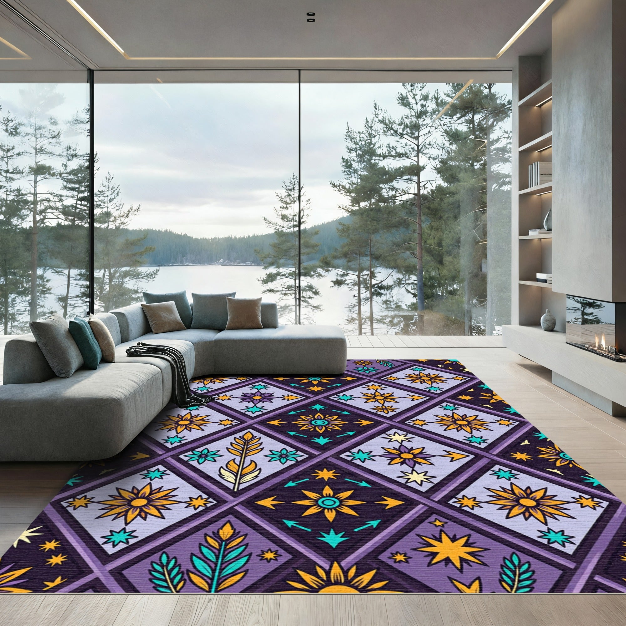 Purple Yellow Sun Star Diamond Rug