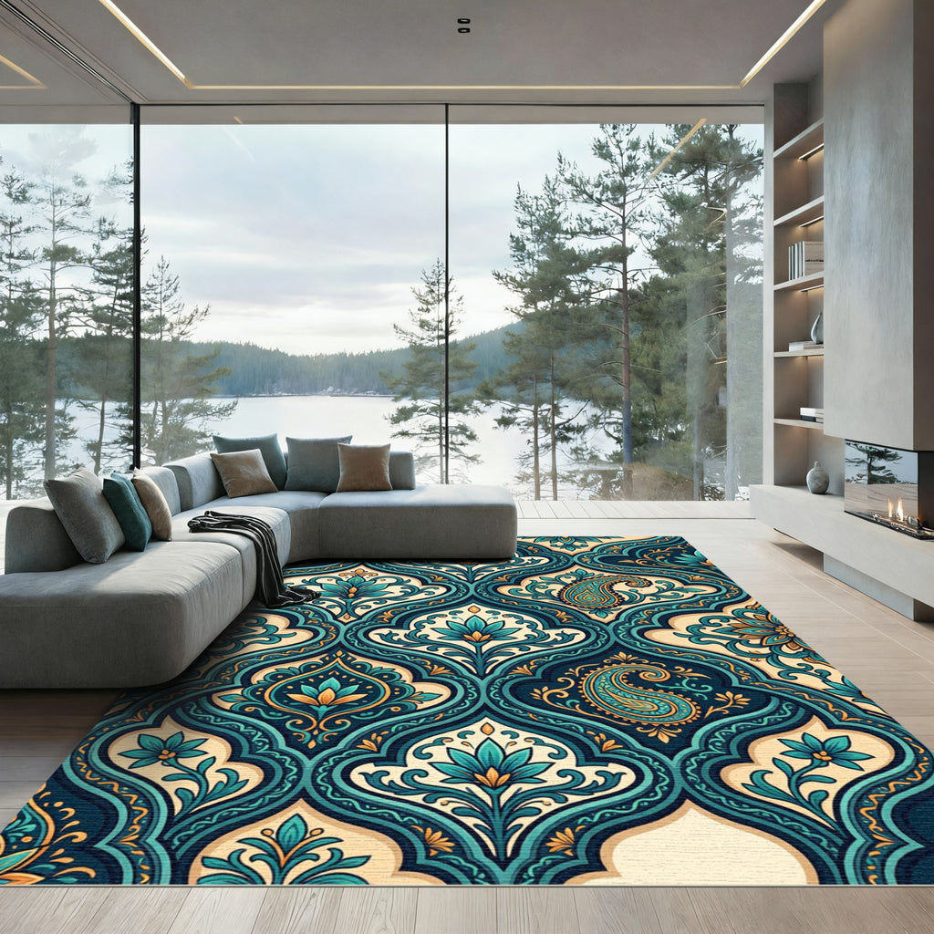 Teal Paisley Floral Damask Medallion Rug