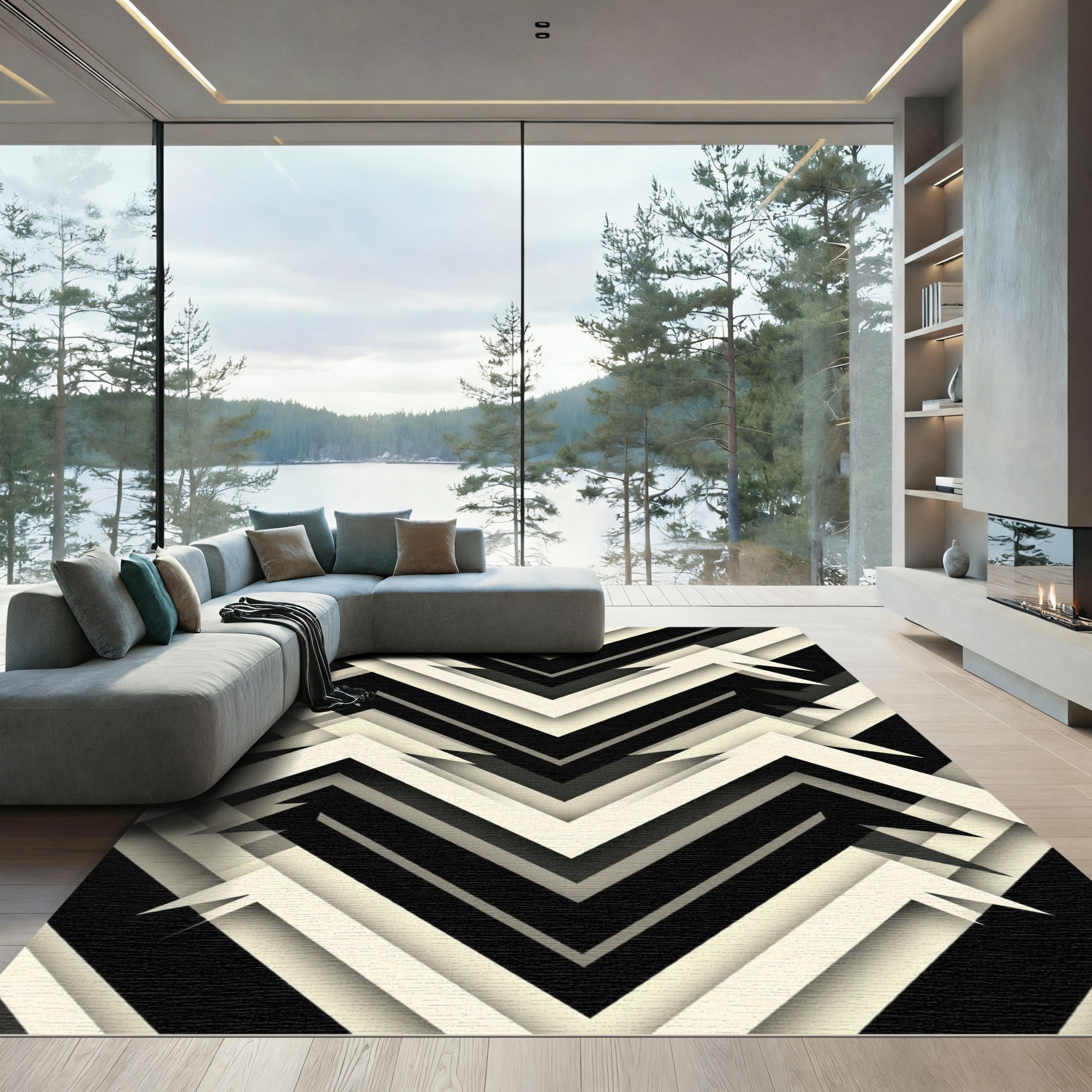 Black White Chevron Layered Rug