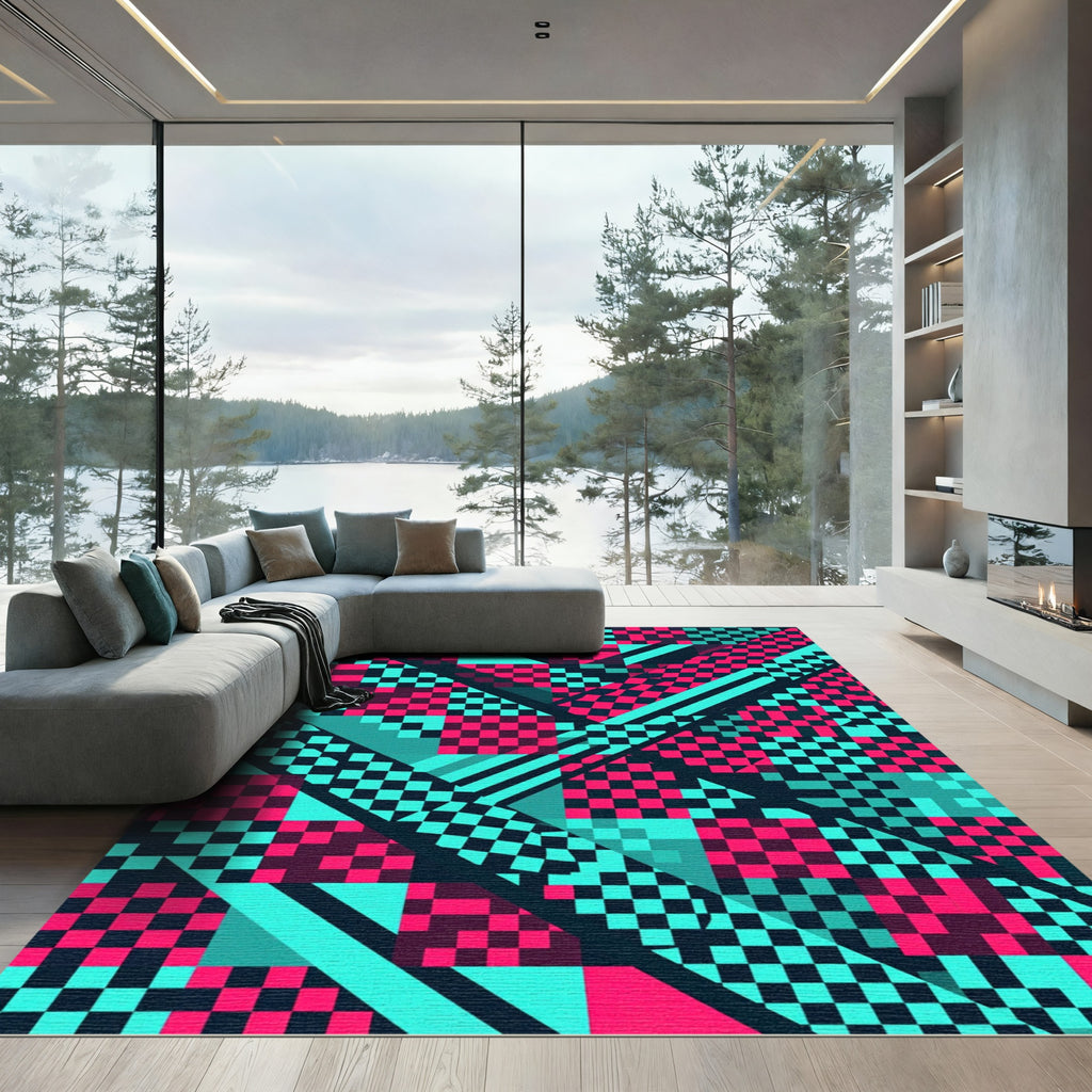 Neo Magenta Teal Geometric Checkered Abstract Rug