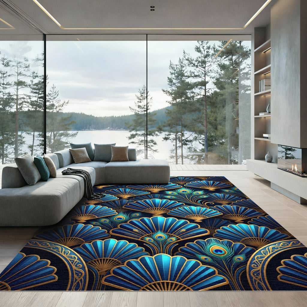 Blue Gold Peacock Feather Fan Rug