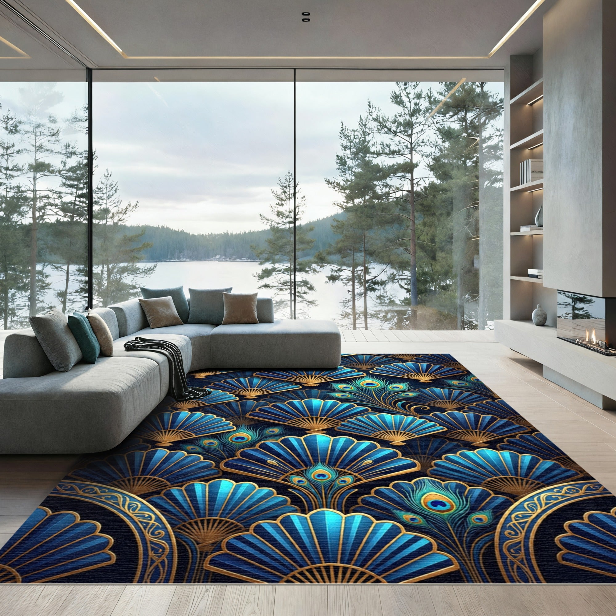 Blue Gold Peacock Feather Fan Rug