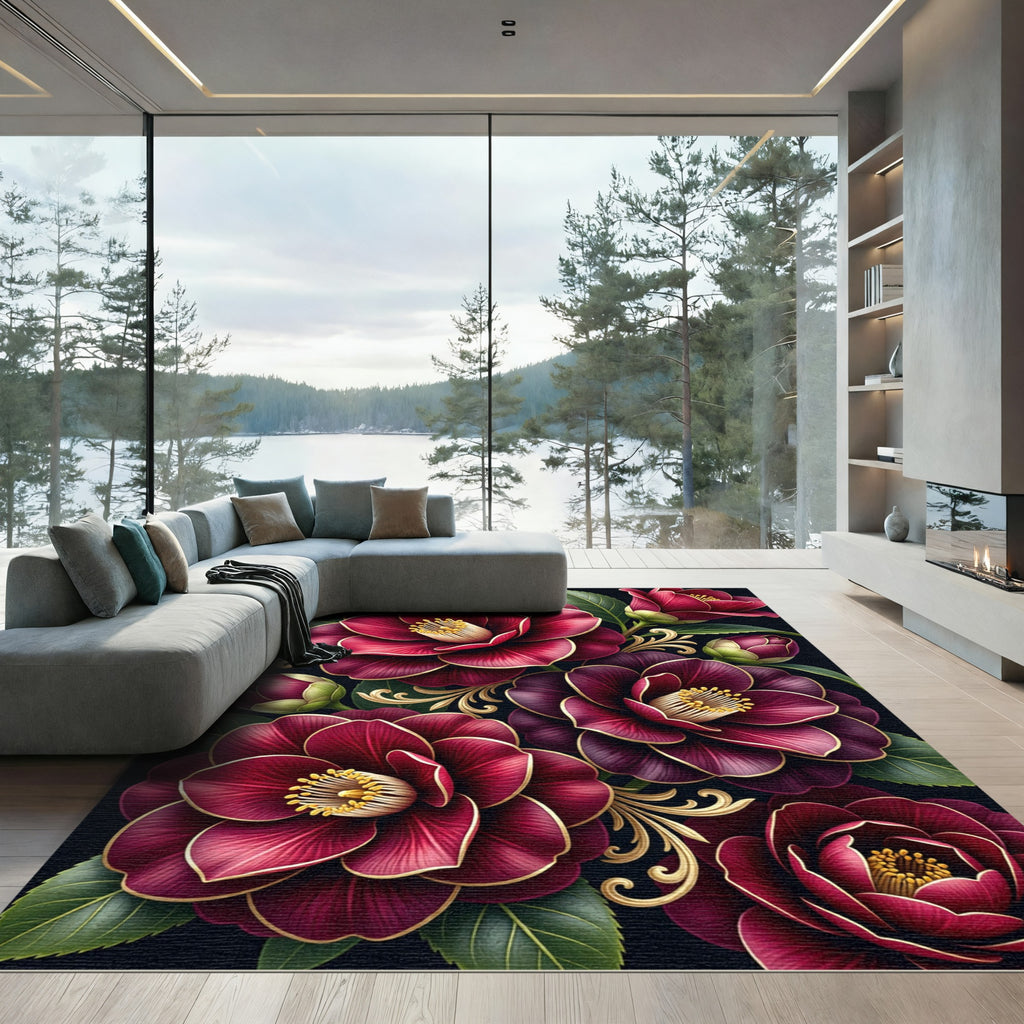 Rich Crimson Bloom Golden Swirl Rug
