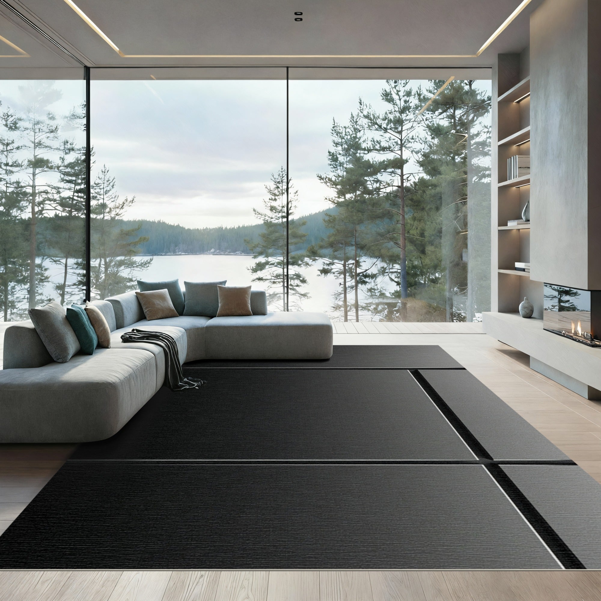 Dark Gray Modern Geometric Panels Rug