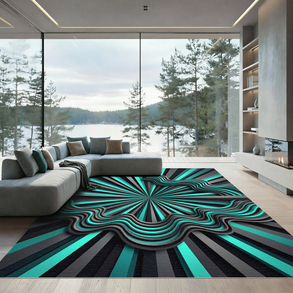 Cyan and Charcoal Abstract Wave Radiance Rug