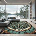 Earthy Teal Floral Paw Mandala Rug
