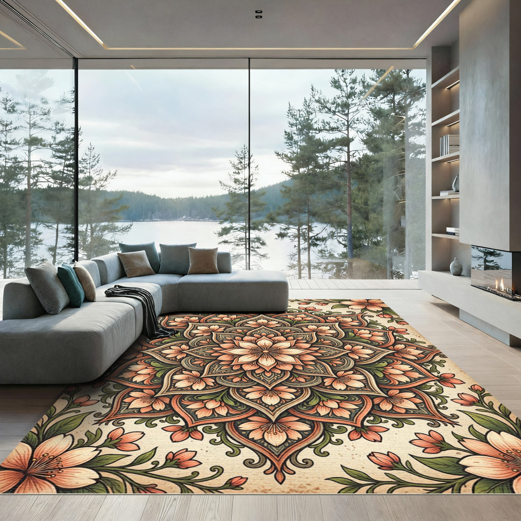 Soft Peach Floral Medallion Garden Rug