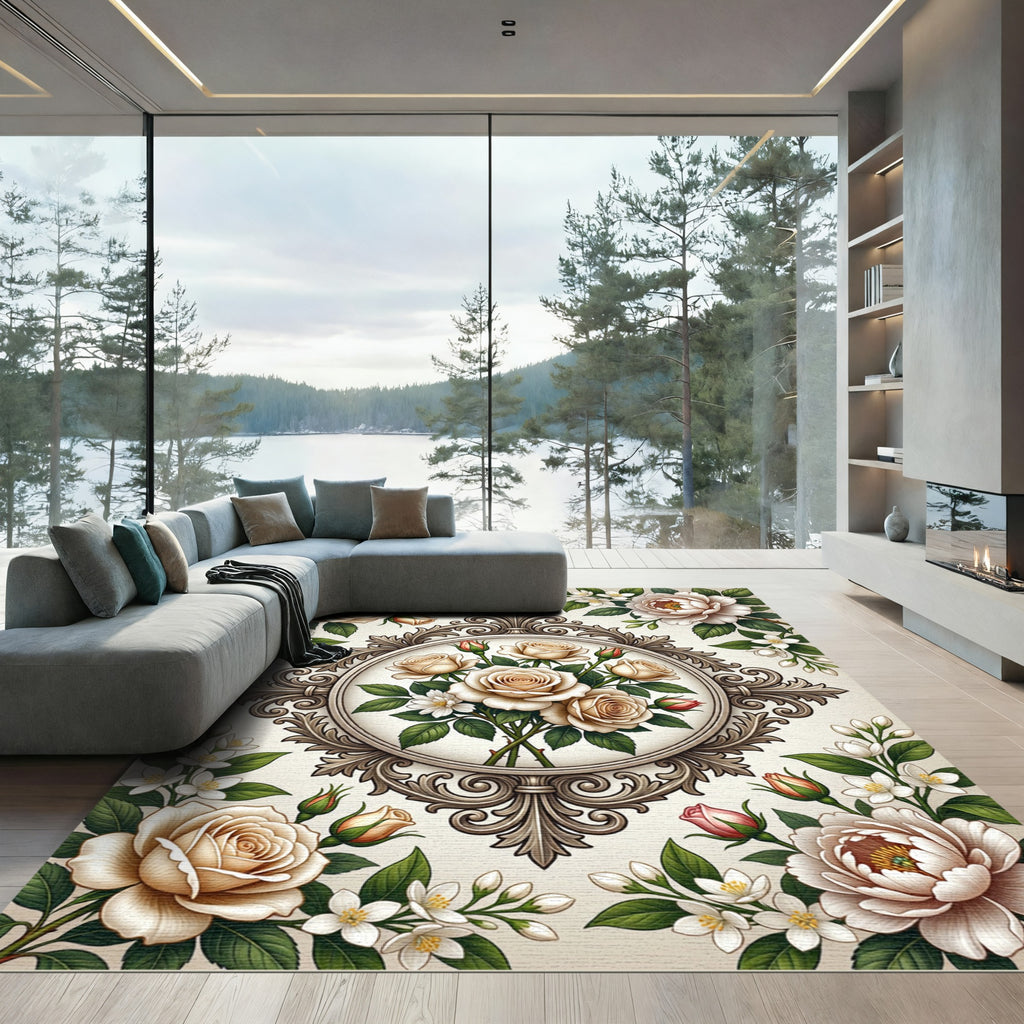 Elegant Victorian Cream Rose Medallion Rug