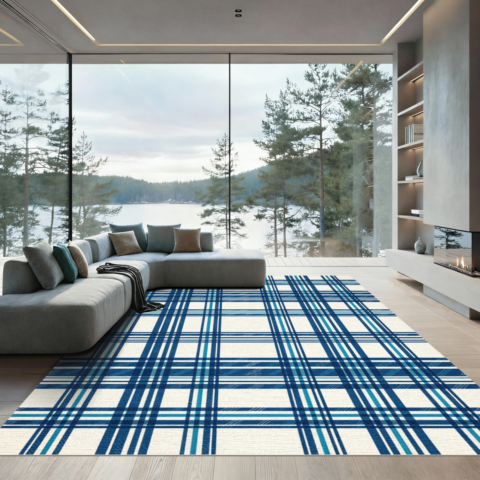 Bold Blue Tartan Plaid Check Rug