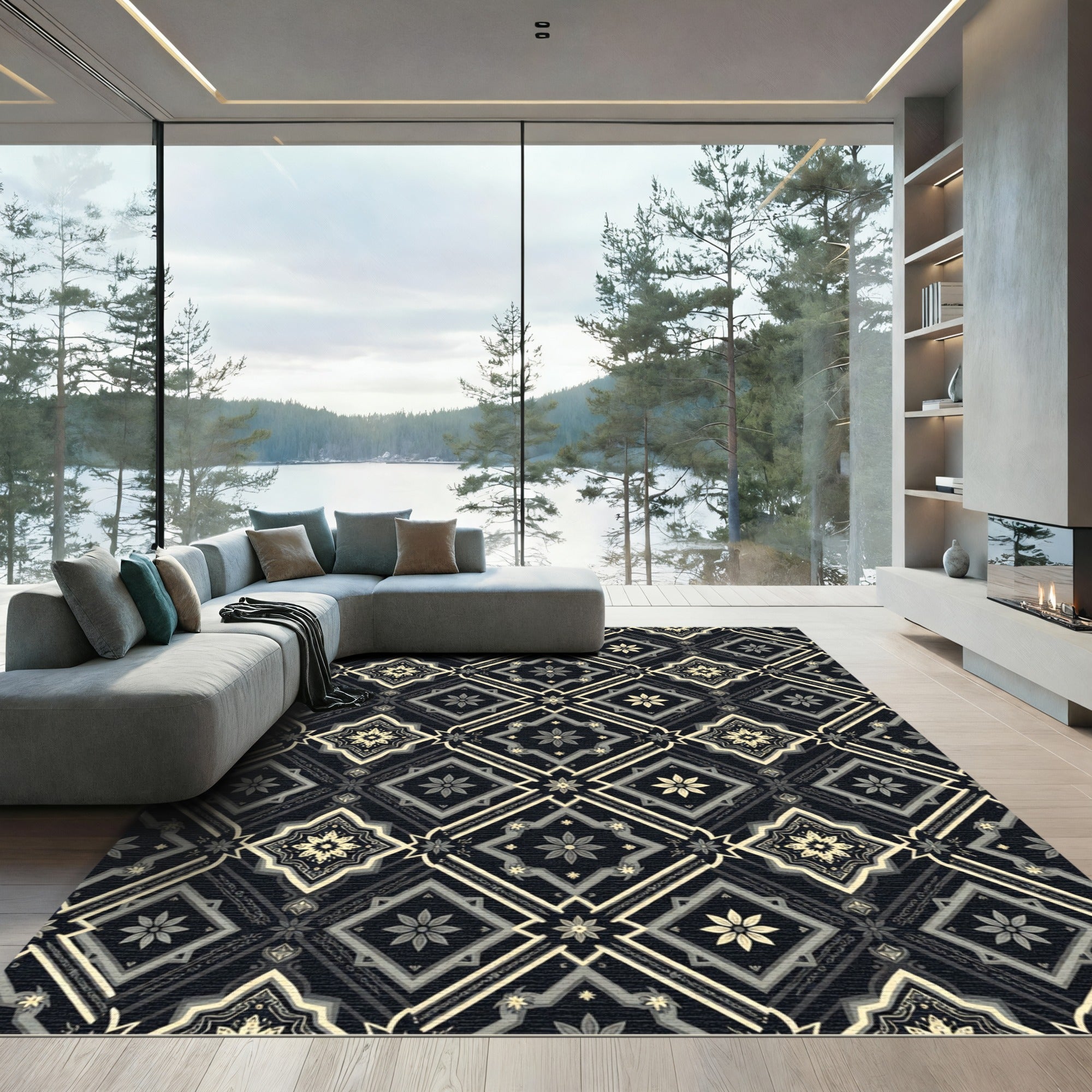 Elegant Dark Floral Medallion Diamond Rug