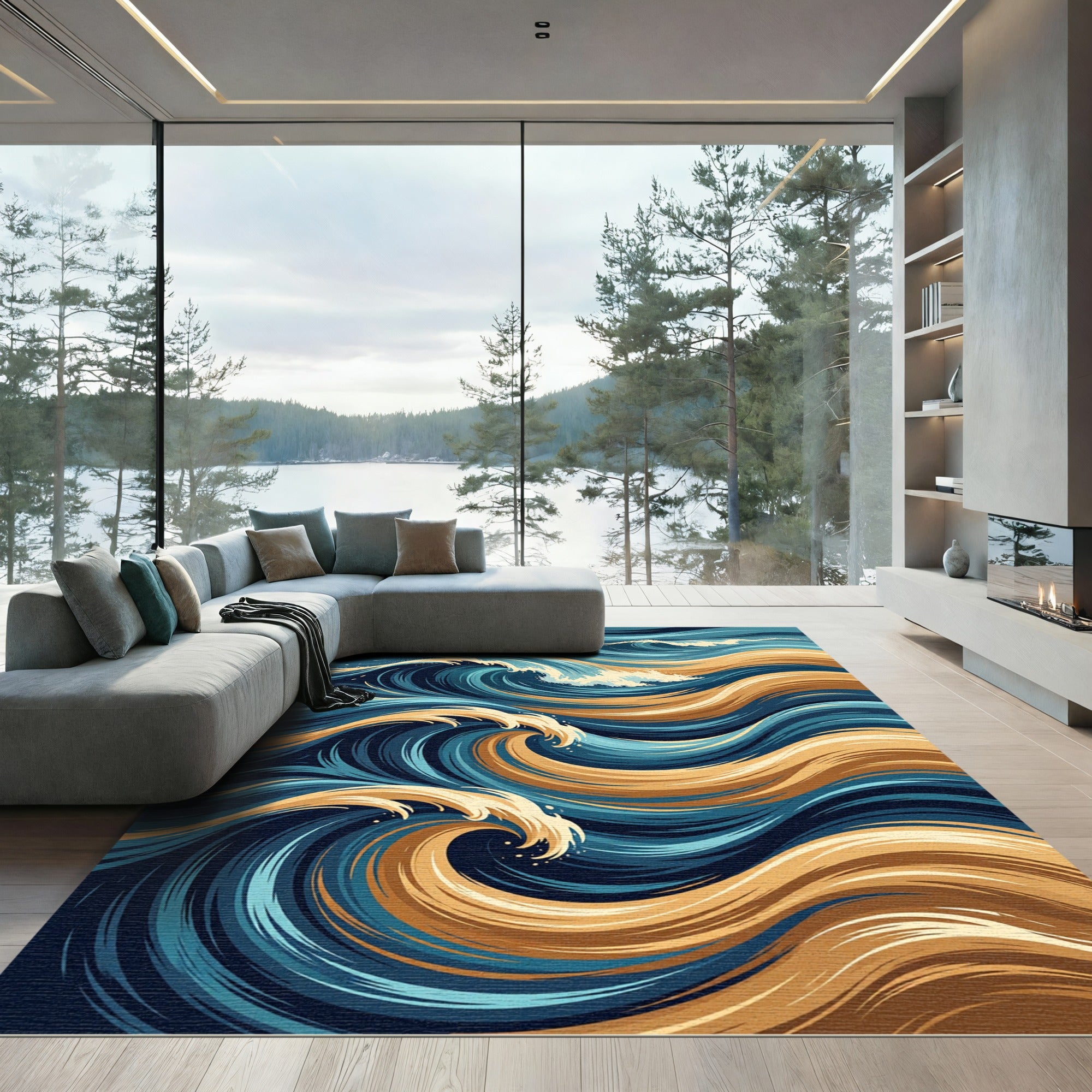 Abstract Gold and Navy Ocean Wave Rug