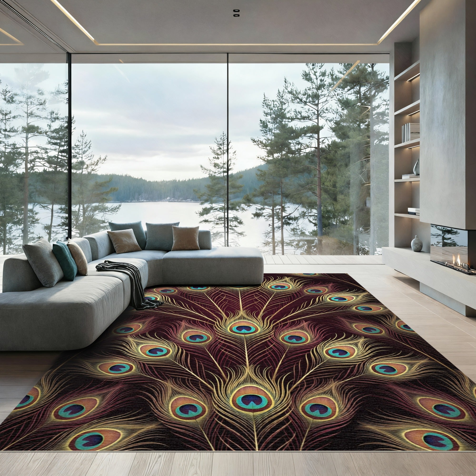 Opulent Midnight Golden Peacock Feather Rug