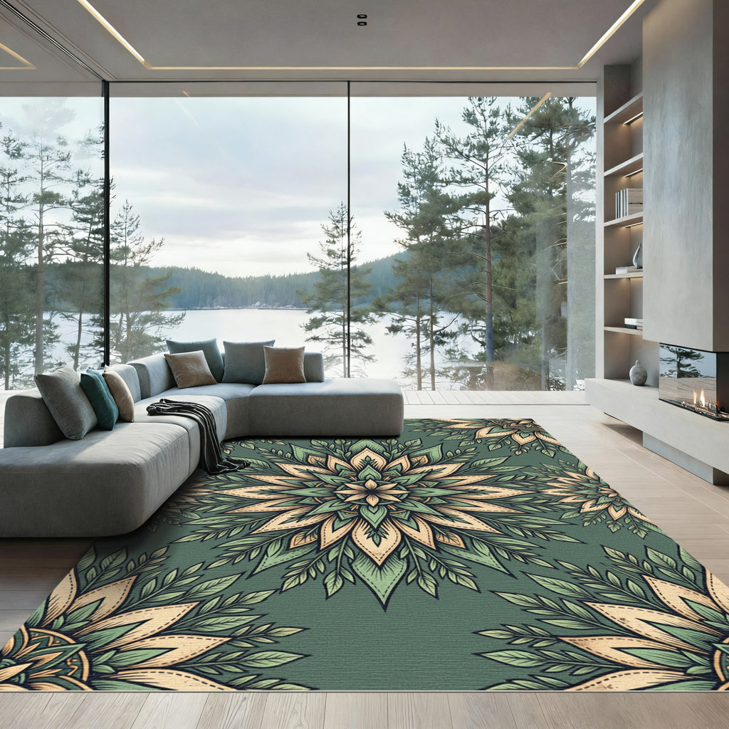 Sage Floral Medallion Boho Foliage Rug