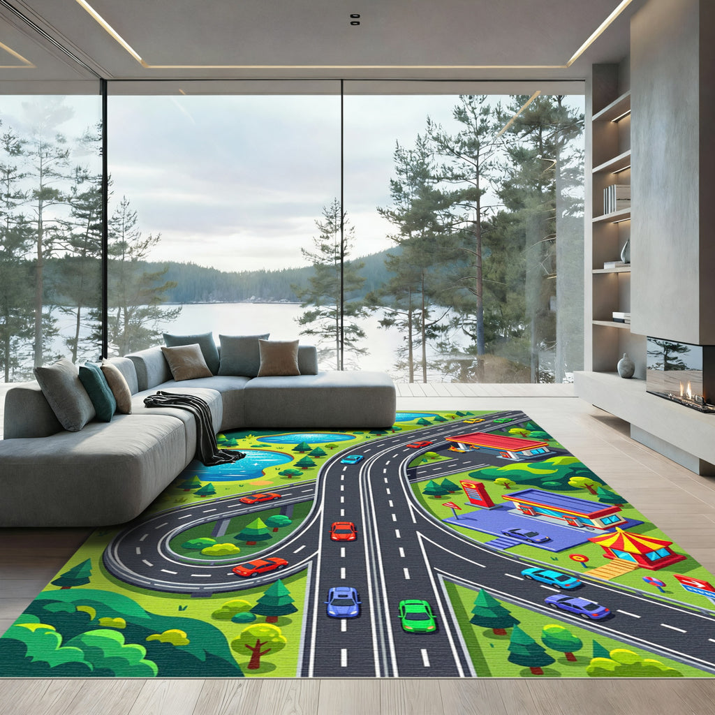 Vibrant Mountain Highway Transit Landscape Rug
