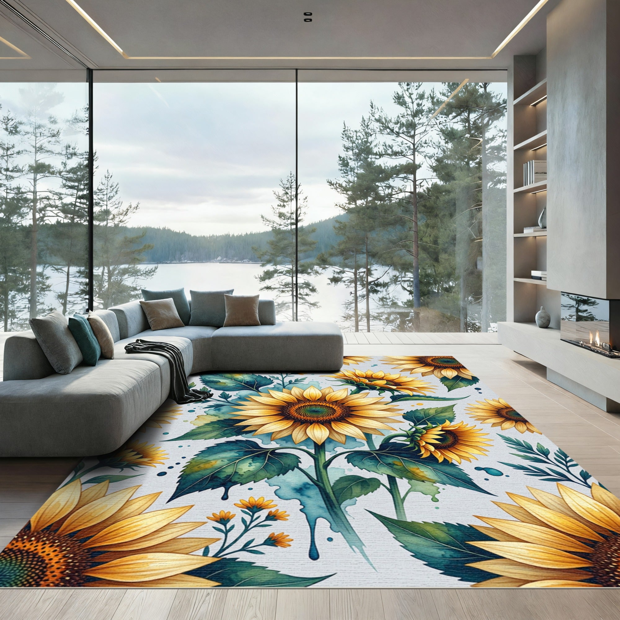 Watercolor Sunflower Botanical Garden Illustration Rug