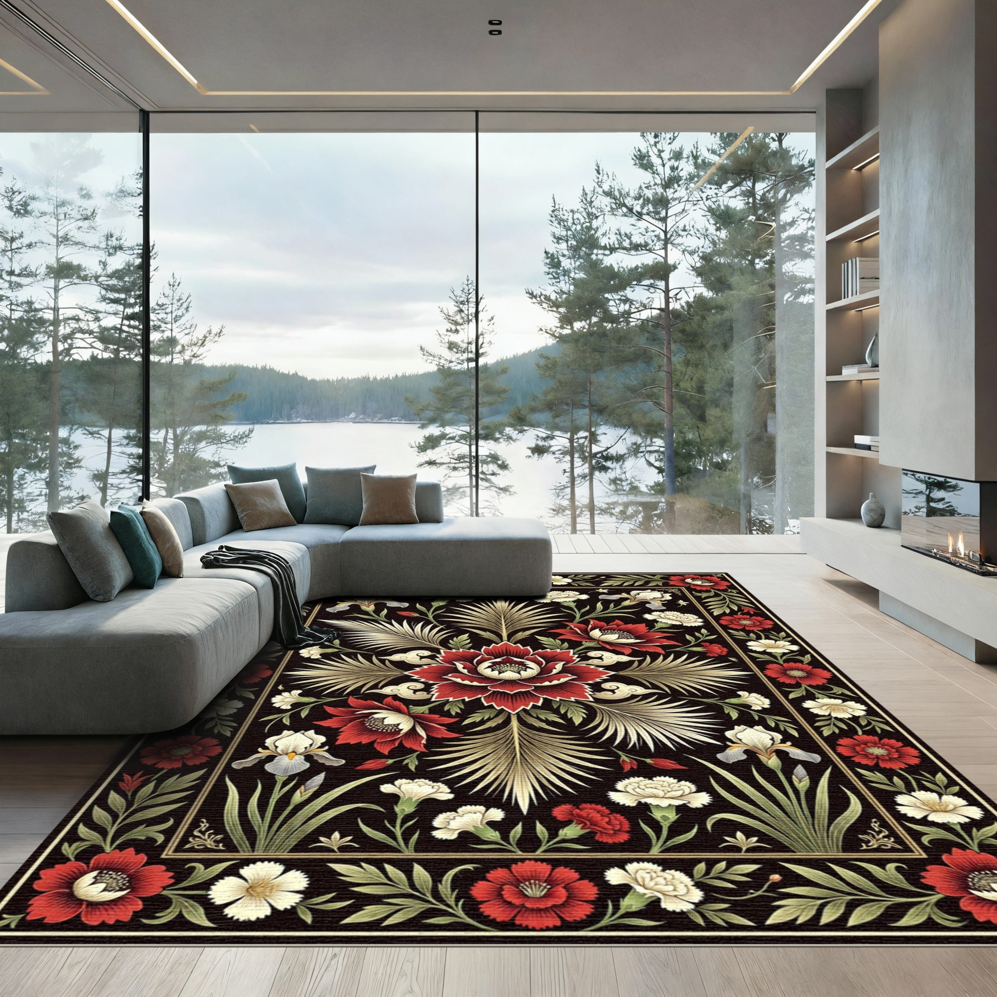Deep Red Floral Botanical Garden Rug