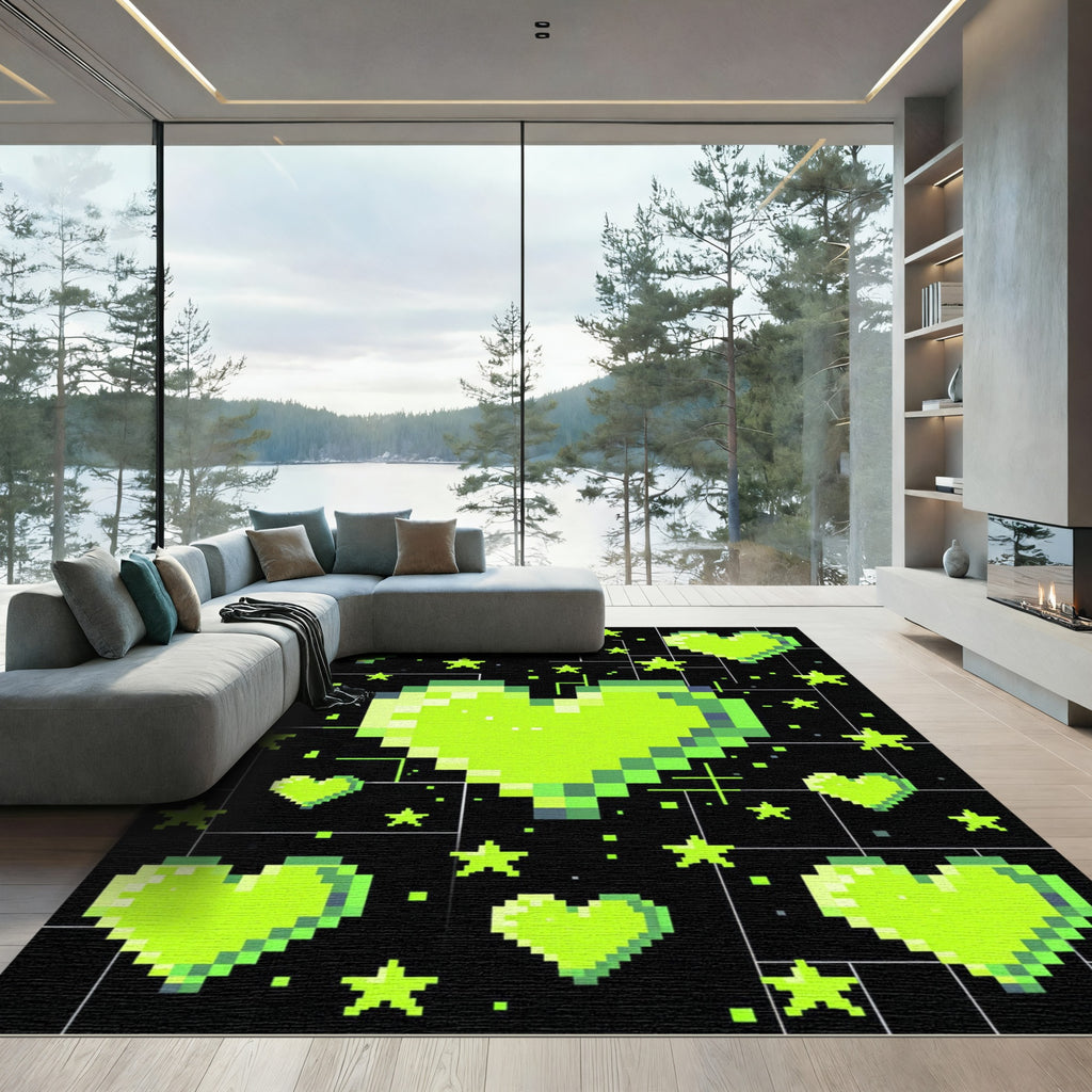 Neon Lime Heart Pixel Art Galaxy Rug