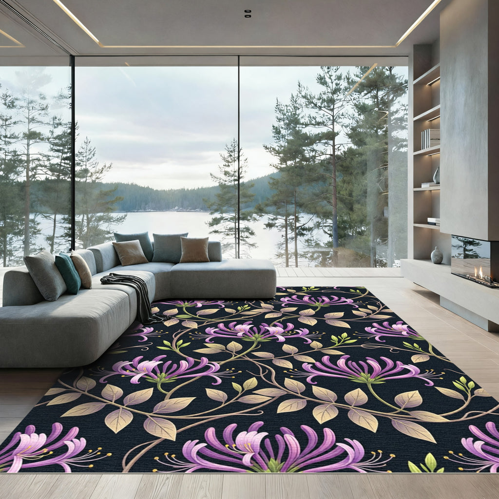 Elegant Purple Honeysuckle Dark Botanical Vine Rug