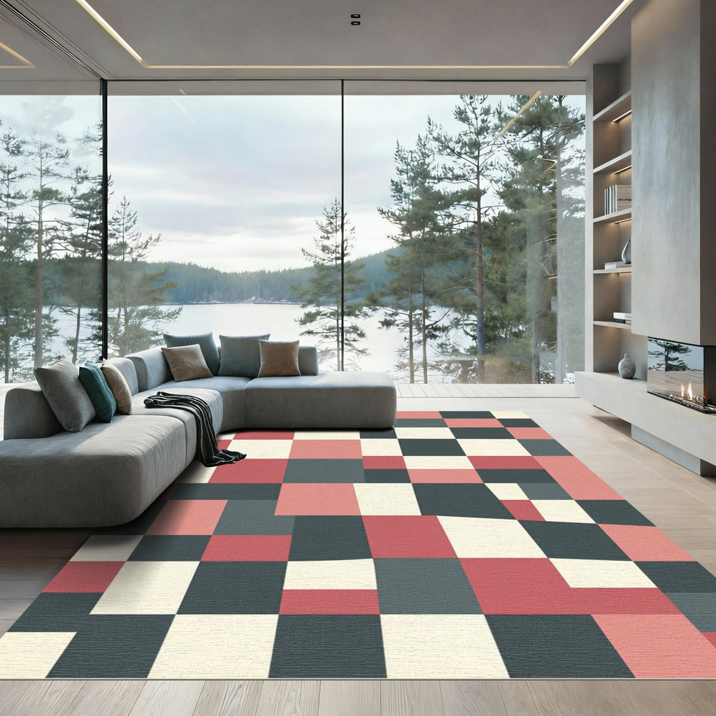 Modern Geometric Block Grid in Muted Coral and Slate Rug