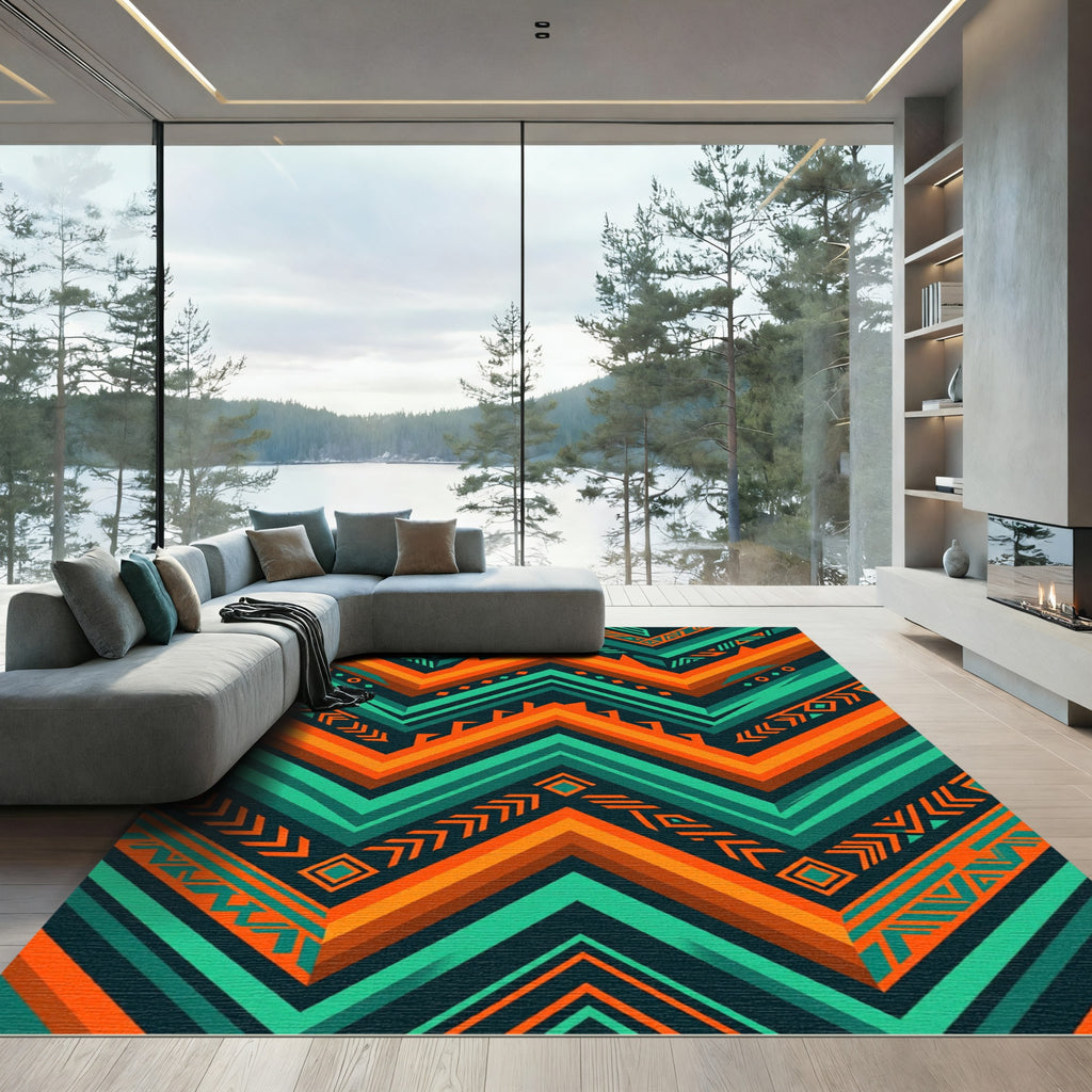 Vibrant Geometric Chevron Aztec Orange Teal Rug