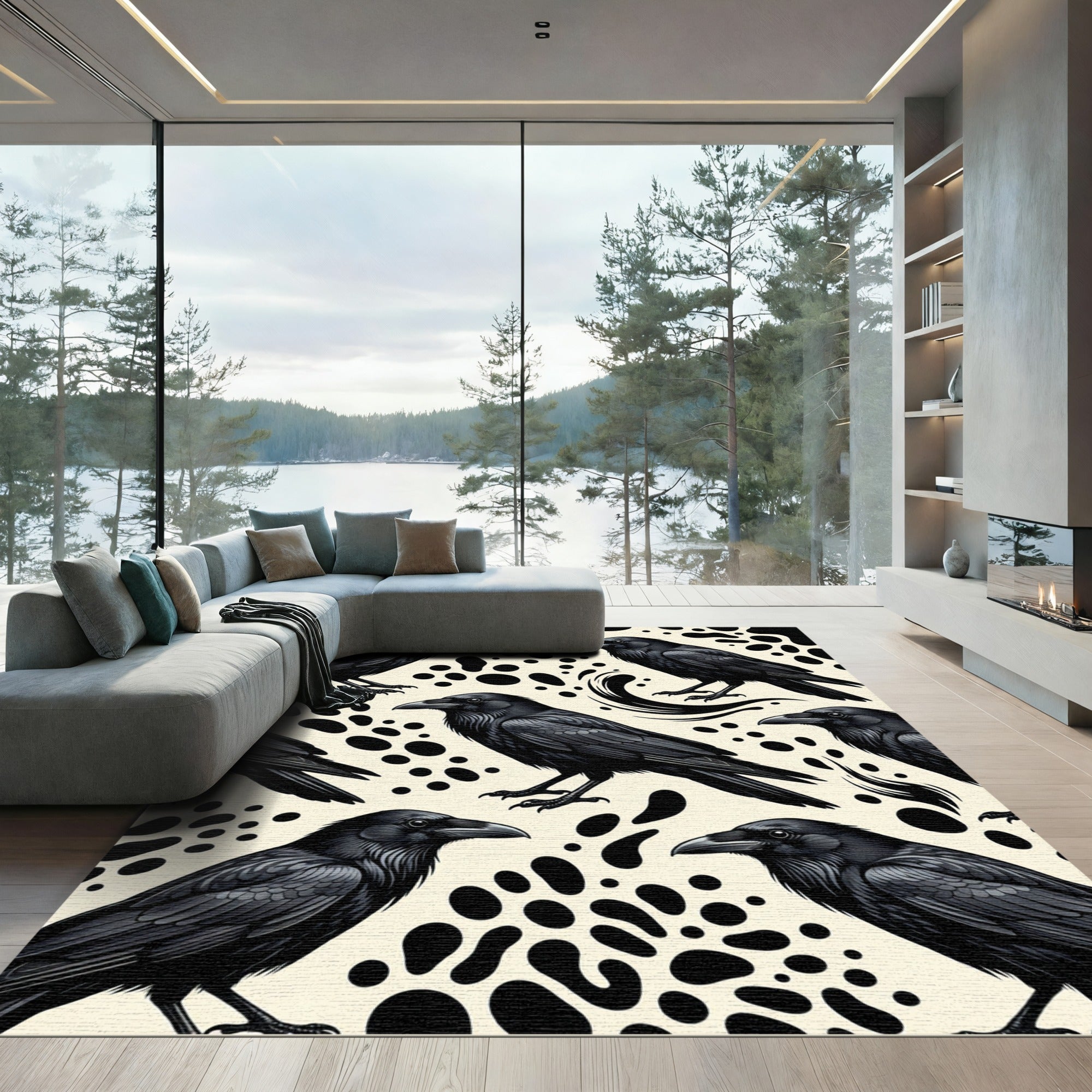Monochrome Raven Bird Ink Blot Art Rug