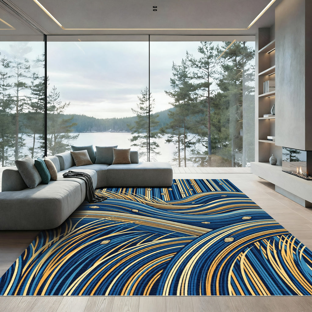 Abstract Navy and Gold Woven Wave Rug