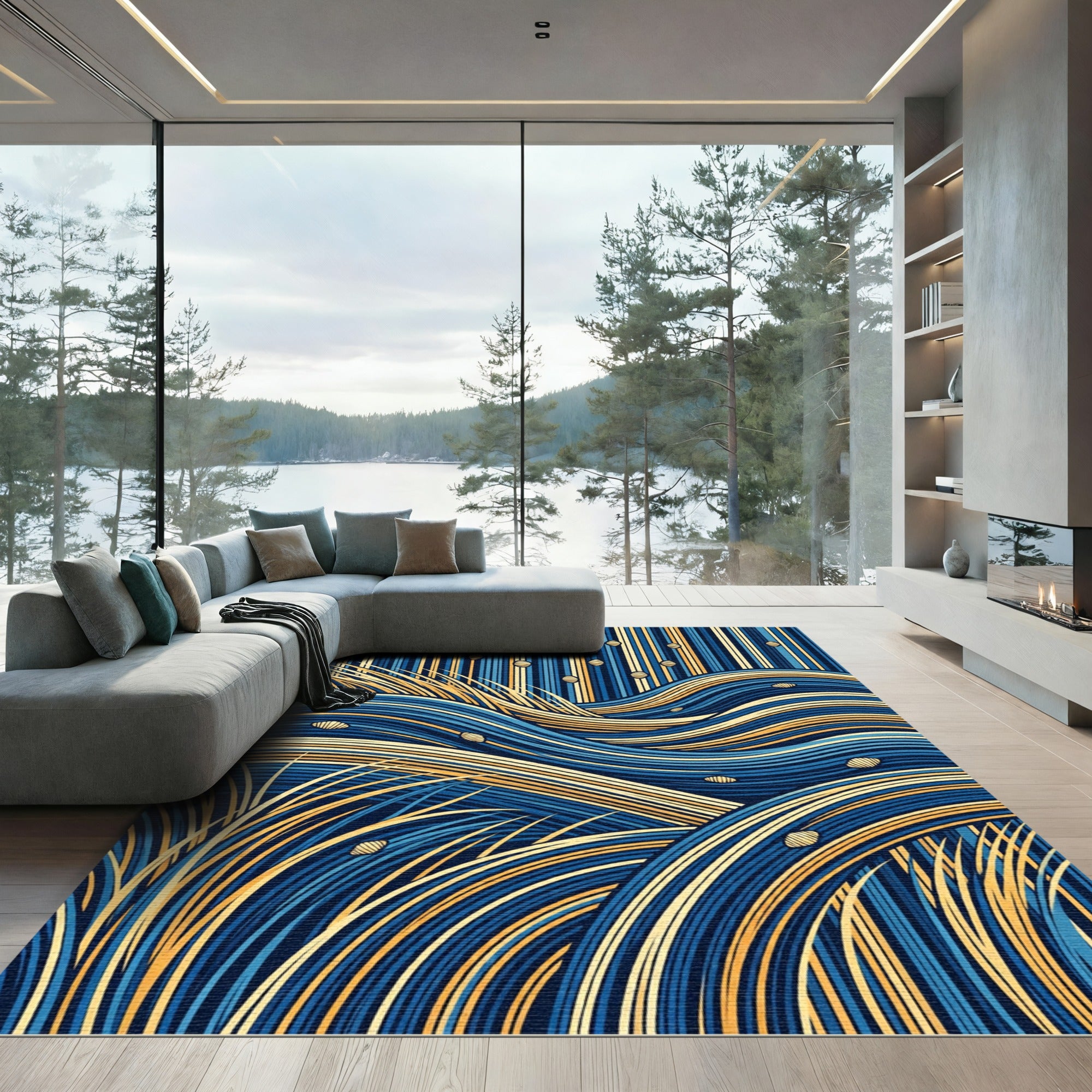 Abstract Navy and Gold Woven Wave Rug