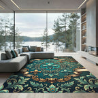 Teal Fleur-de-lis Ornate Scroll Tapestry Rug