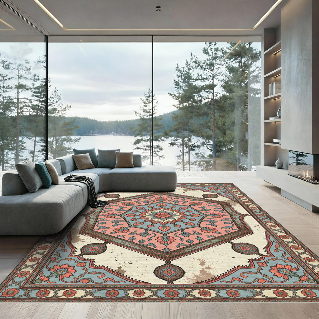 Vintage Dusty Rose Hexagon Floral Medallion Rug
