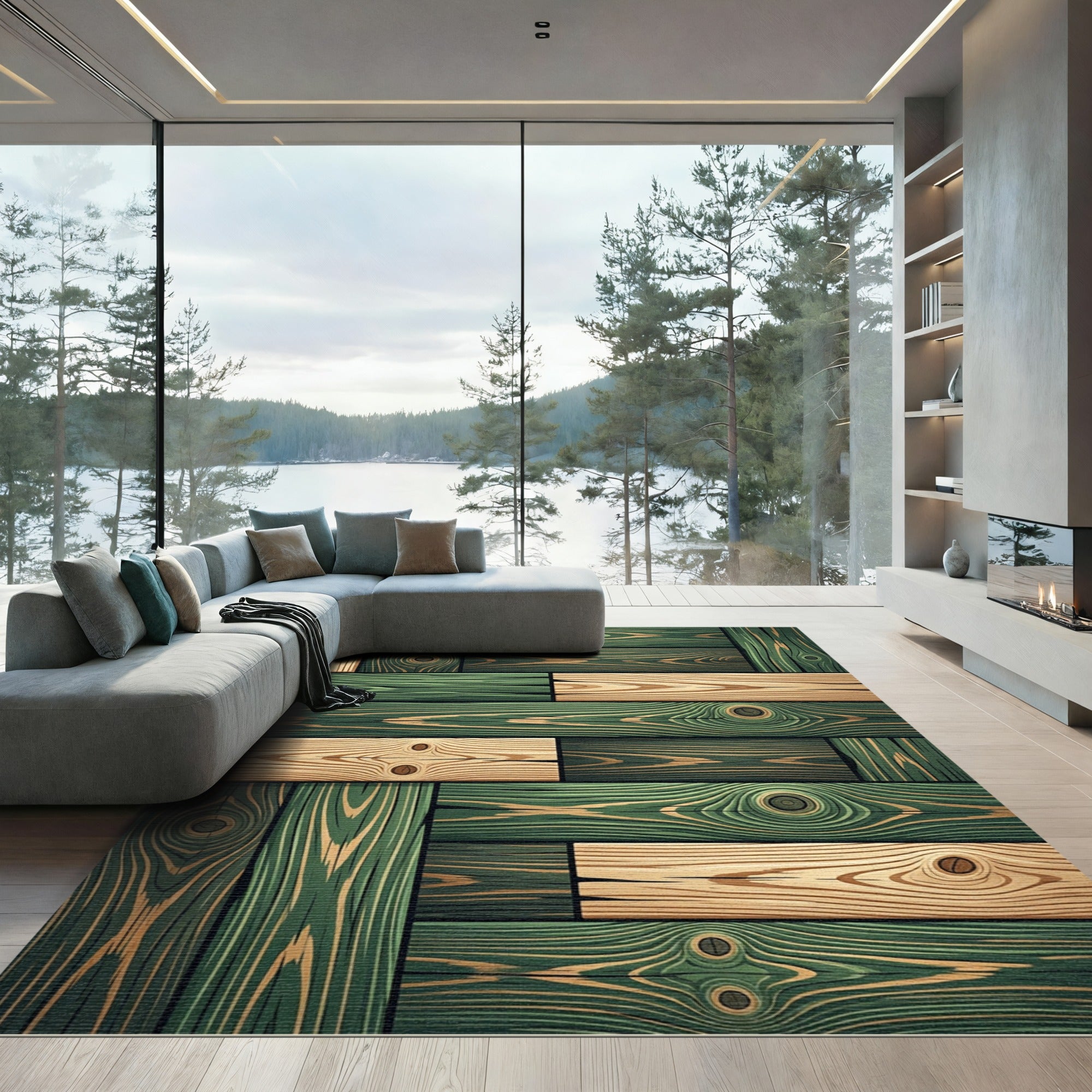 Modern Emerald Wood Grain Plank Texture Rug