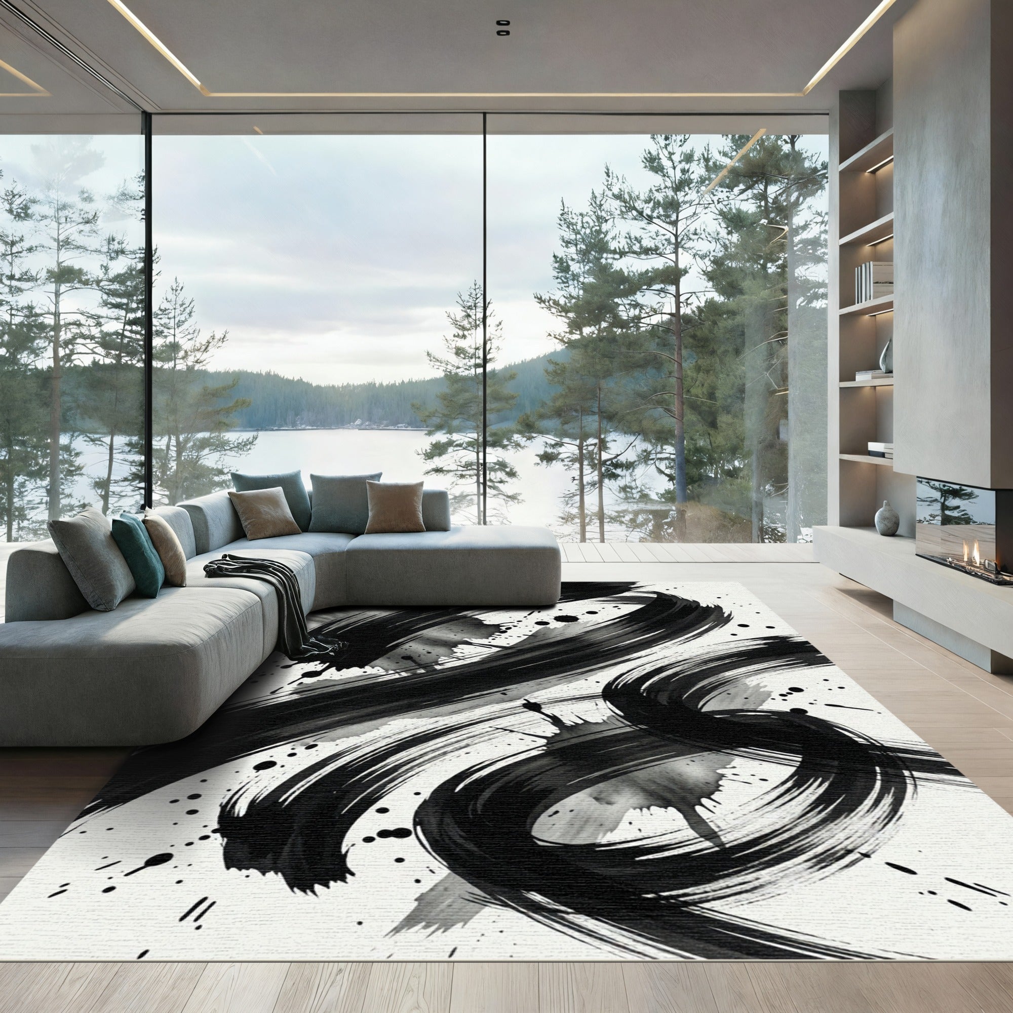 Bold Black Ink Brushstroke Splatter Rug