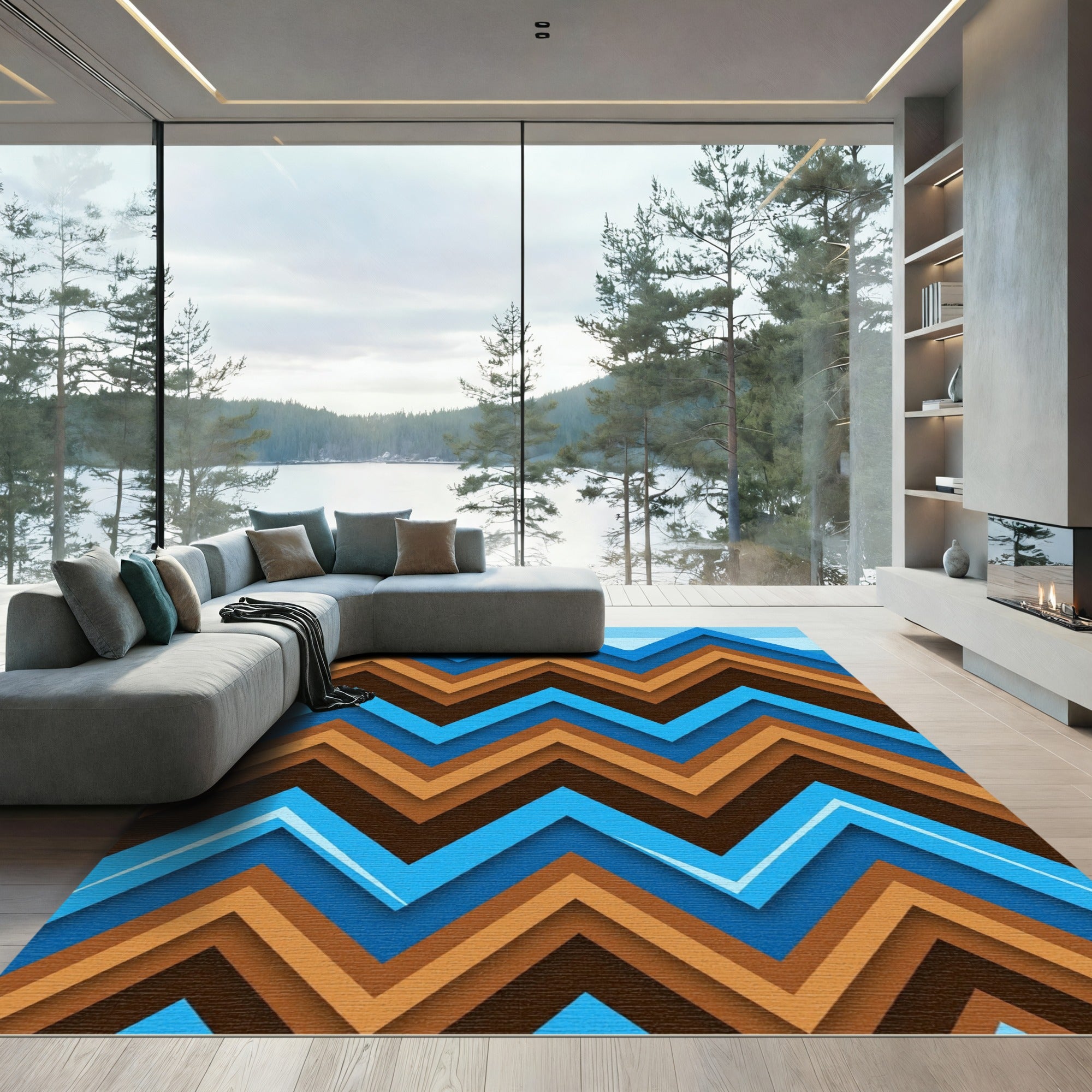 Modern Blue and Brown Zigzag Wave Rug