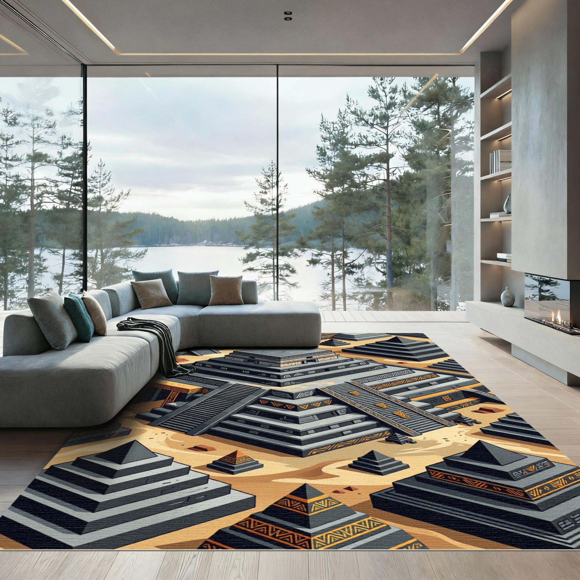 Aztec Terra Cotta Pyramid Landscape Rug