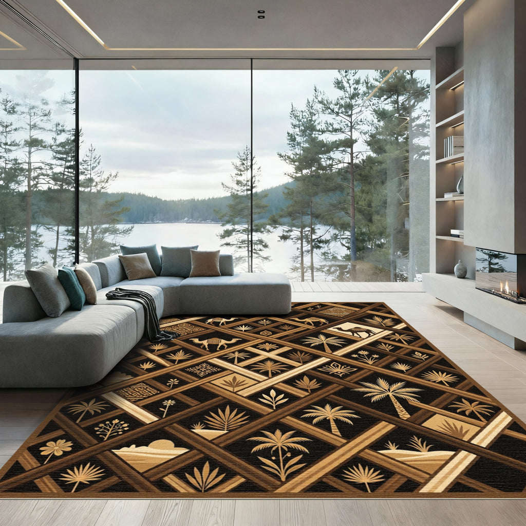 Earthy Brown Camel Desert Geometric Tile Rug