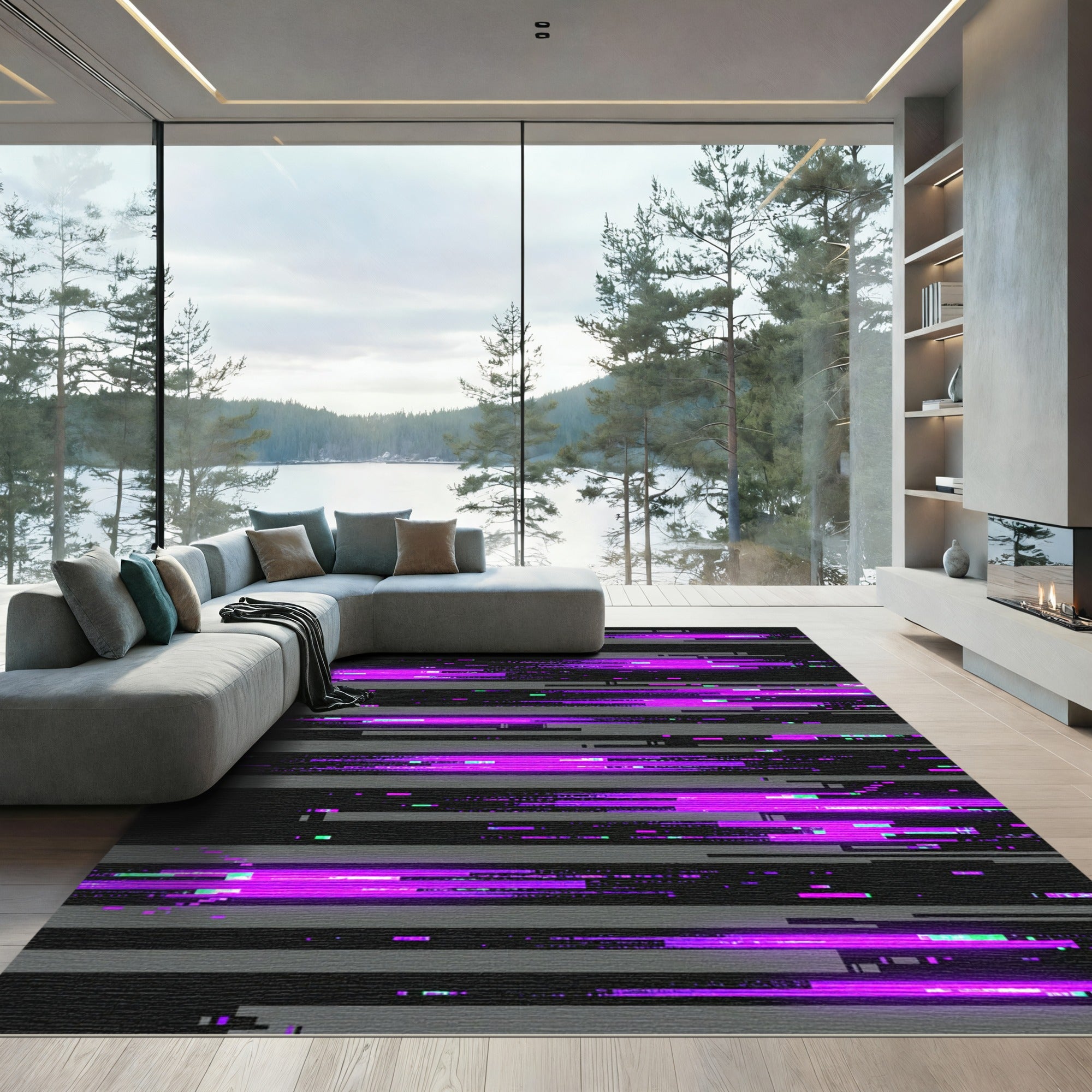 Neon Cyber Glitch Abstract Horizontal Lines Rug