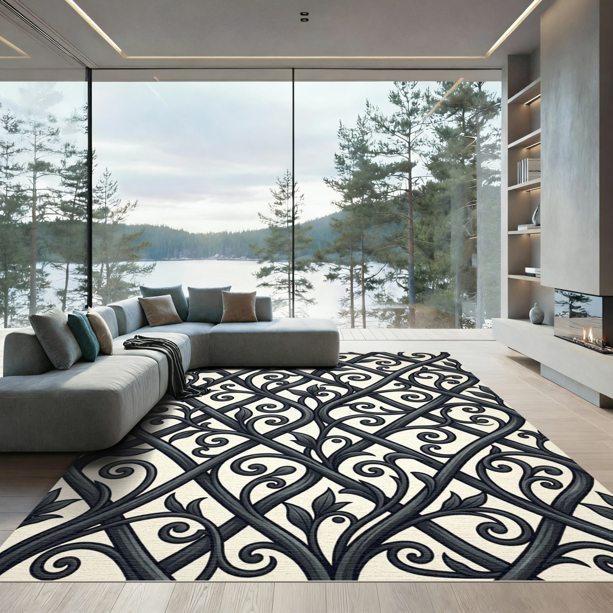 Ornate Black Vine Lattice Rug