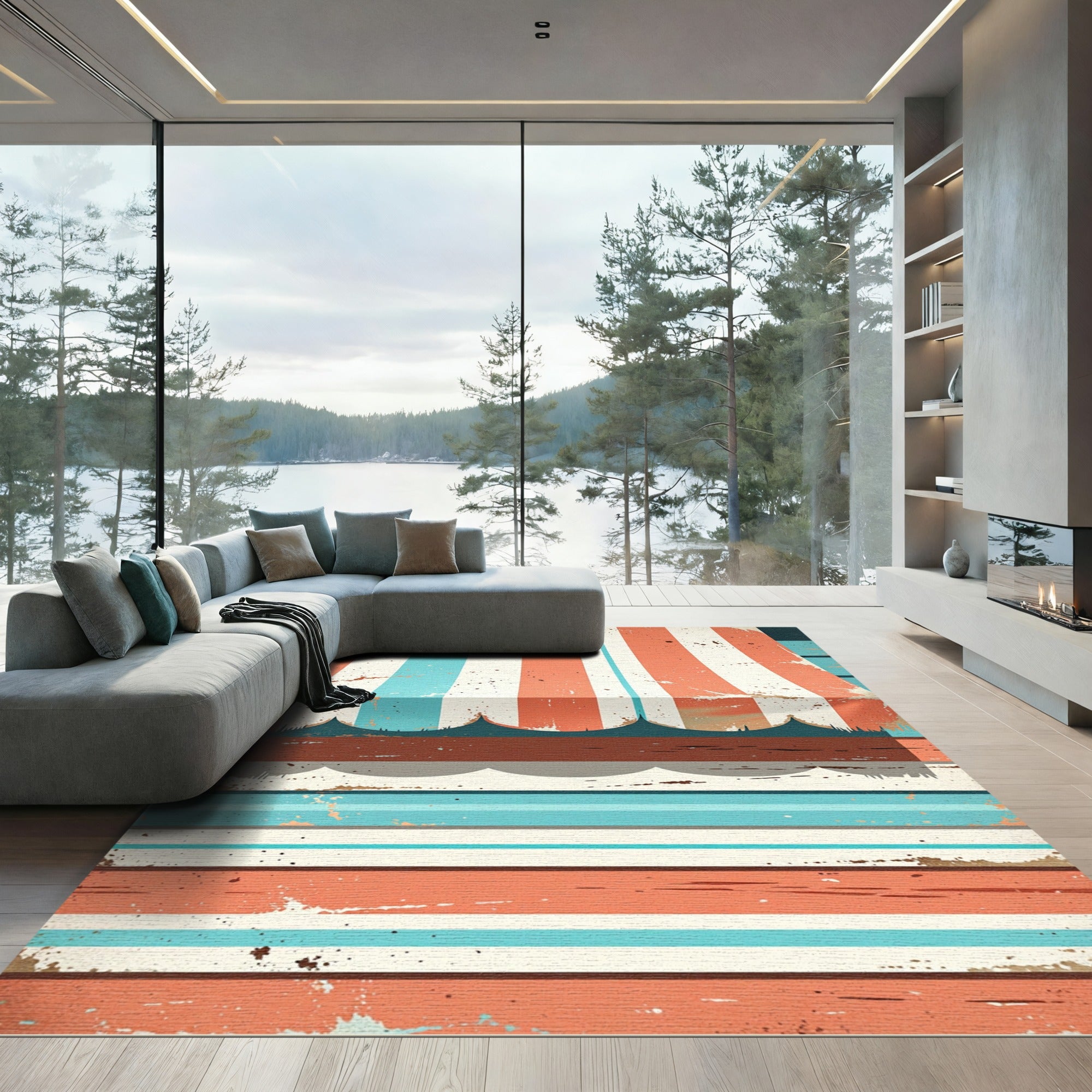 Vintage Distressed Coral and Teal Striped Awning Rug