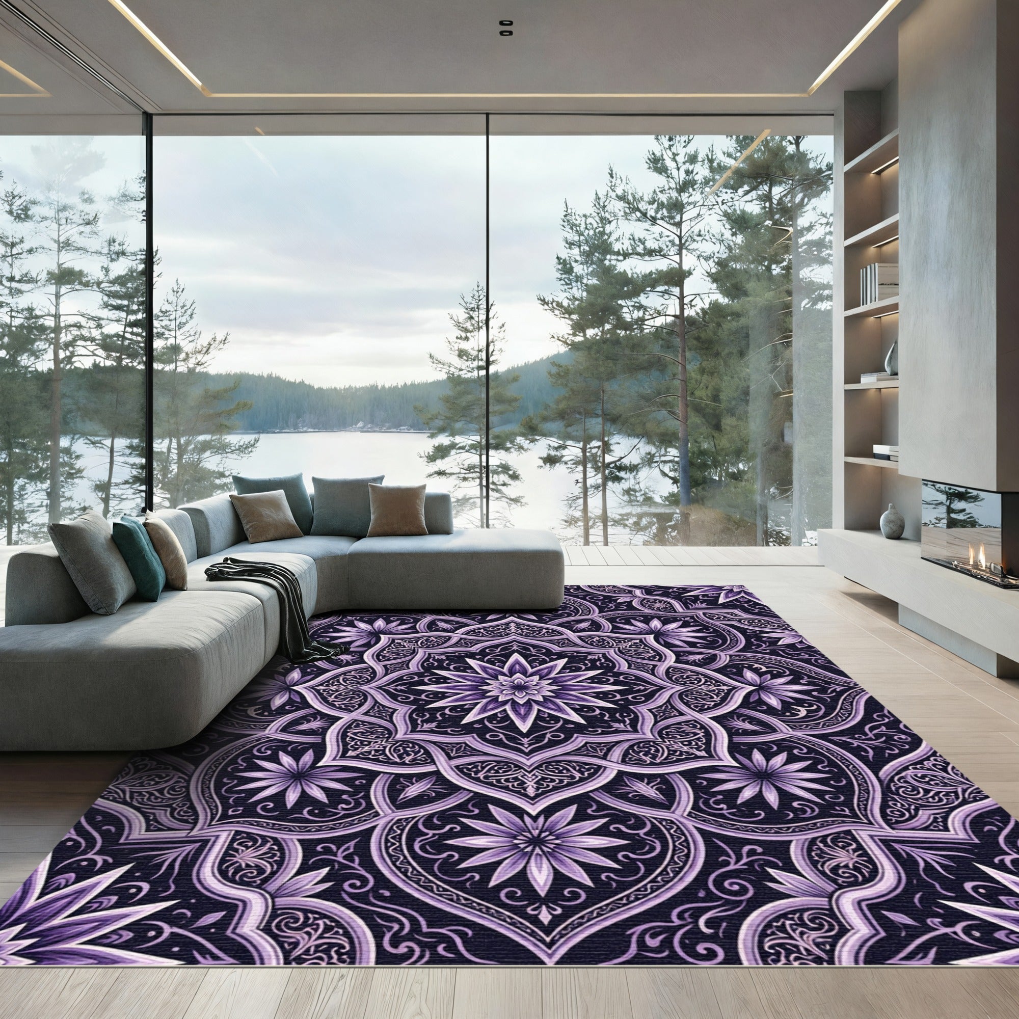 Deep Purple Floral Mandala Composition Rug