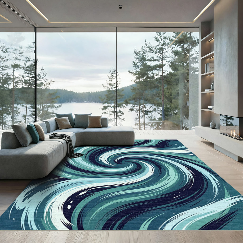 Deep Teal Swirl Abstract Flow Rug