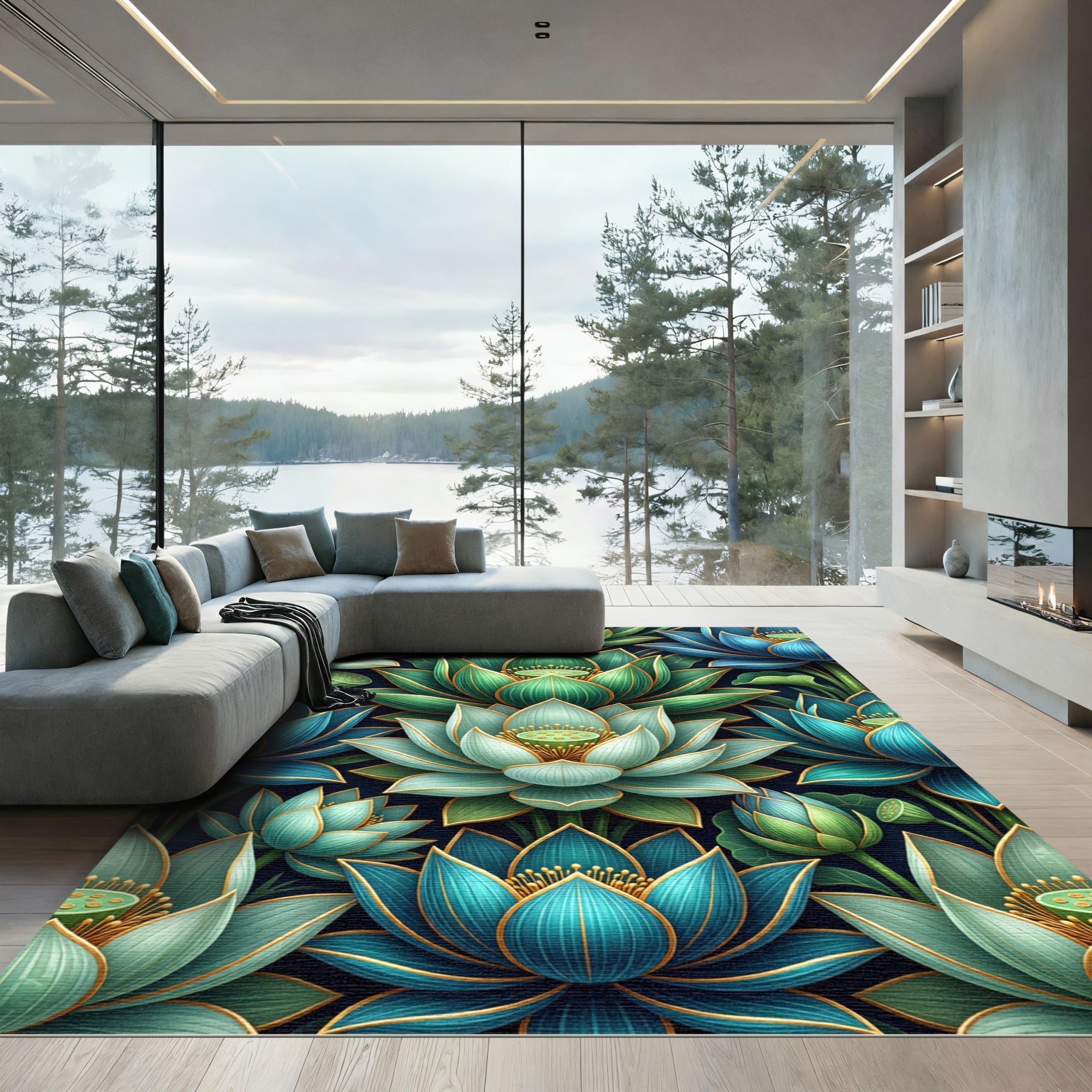 Golden Outline Teal Lotus Garden Rug