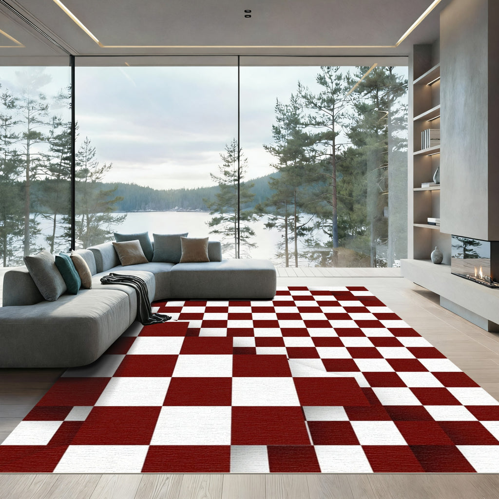 Crimson White Dimensional Checker Shift Rug