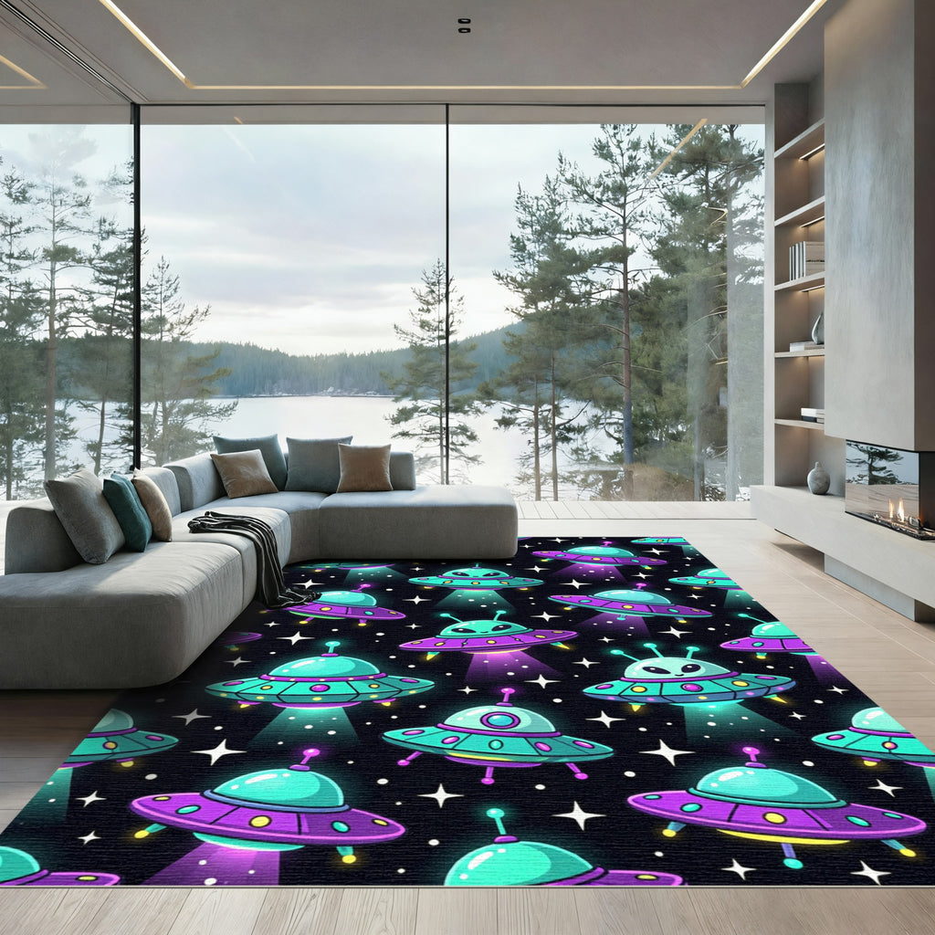 Neon Alien Ufo Starry Cosmic Sky Rug