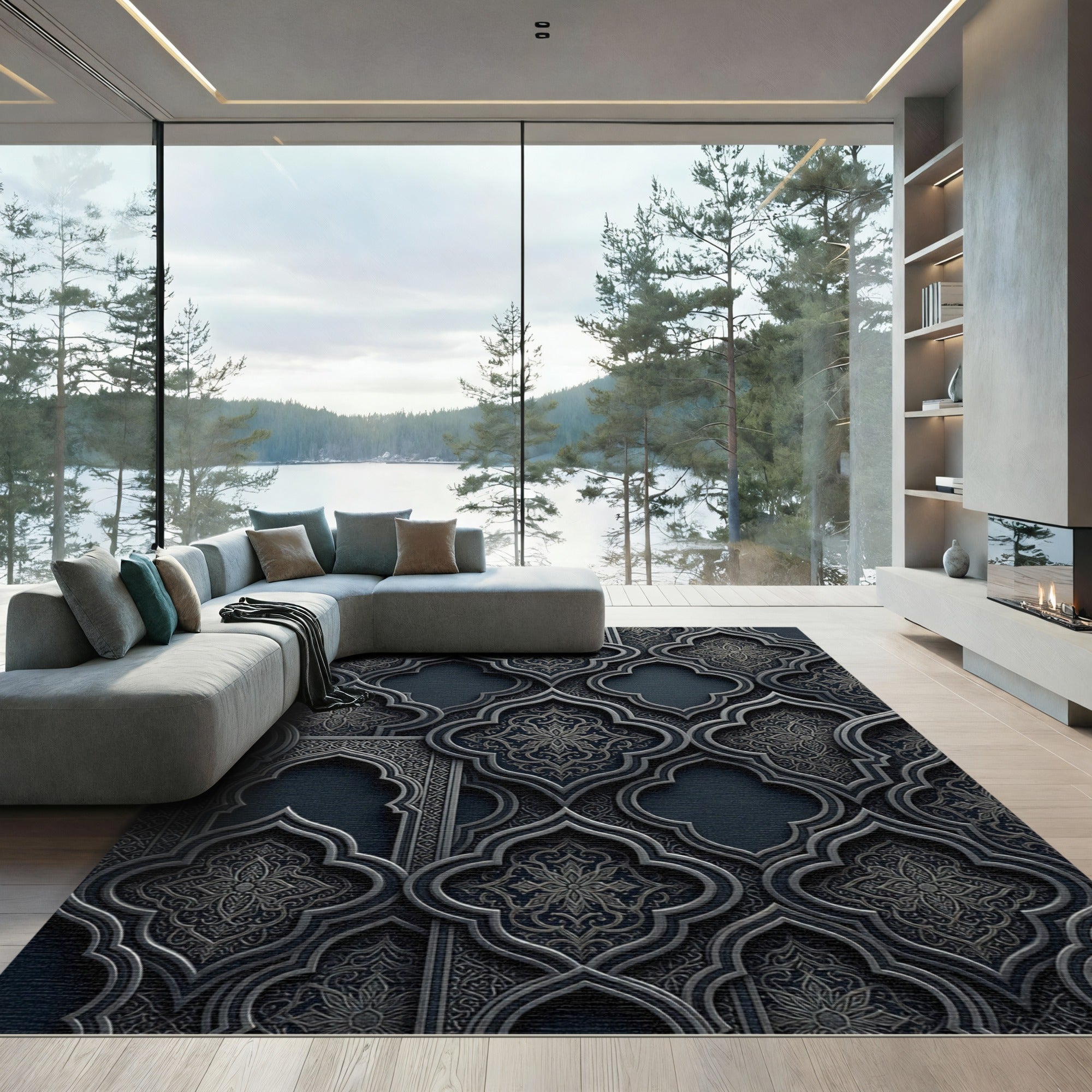 Dark Stone Arabesque Floral Trellis Rug