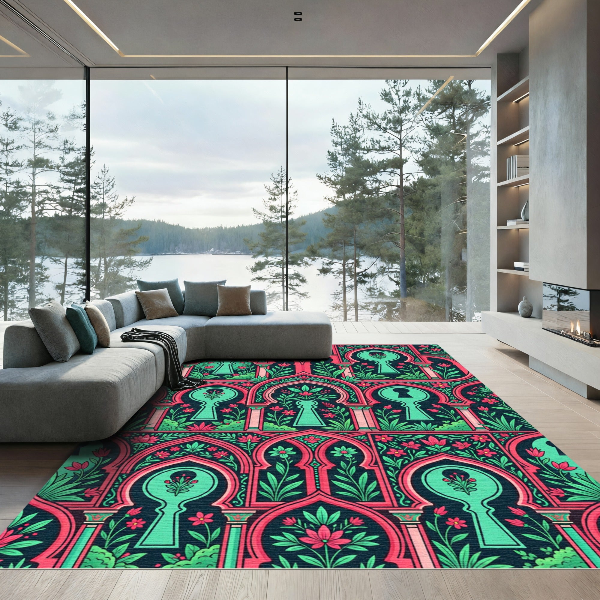 Dark Teal Floral Arch Keyhole Graphic Rug