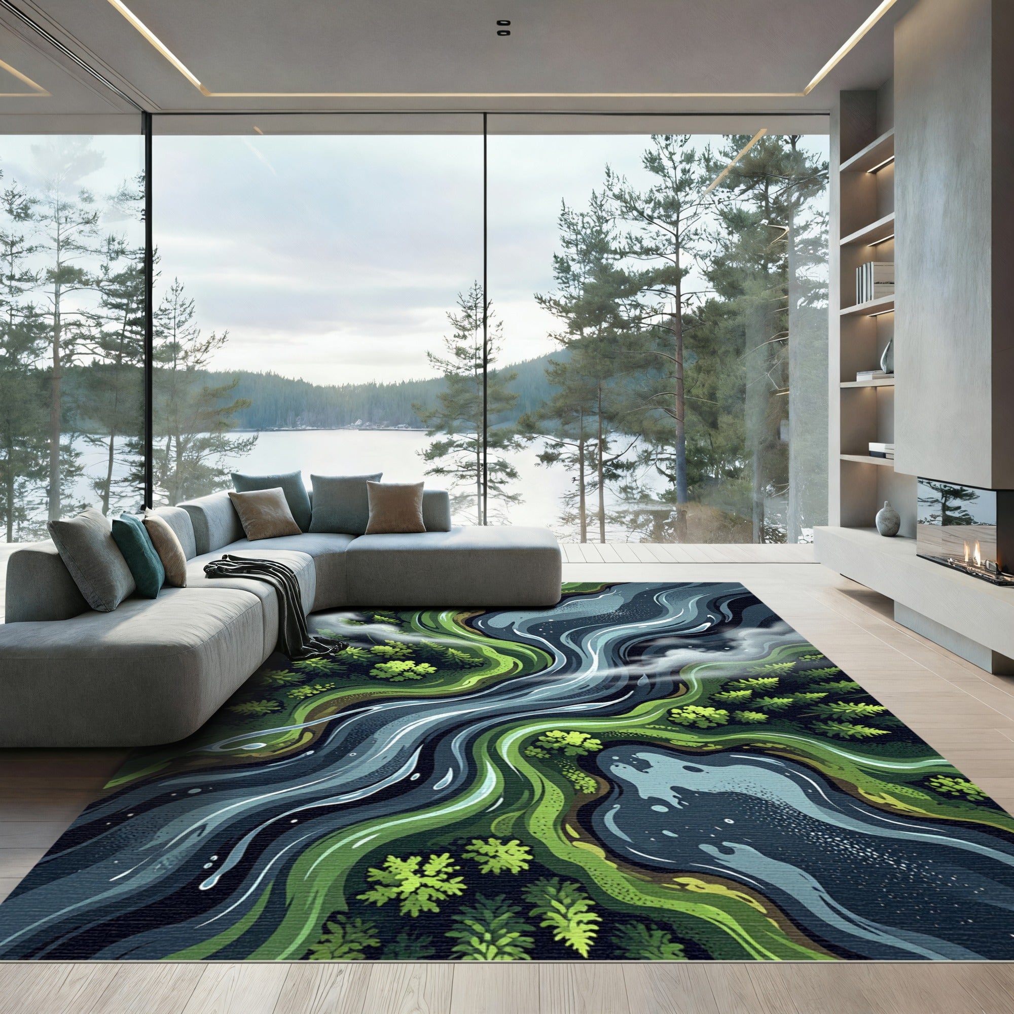 Serene River Forest Aerial Landscape Rug