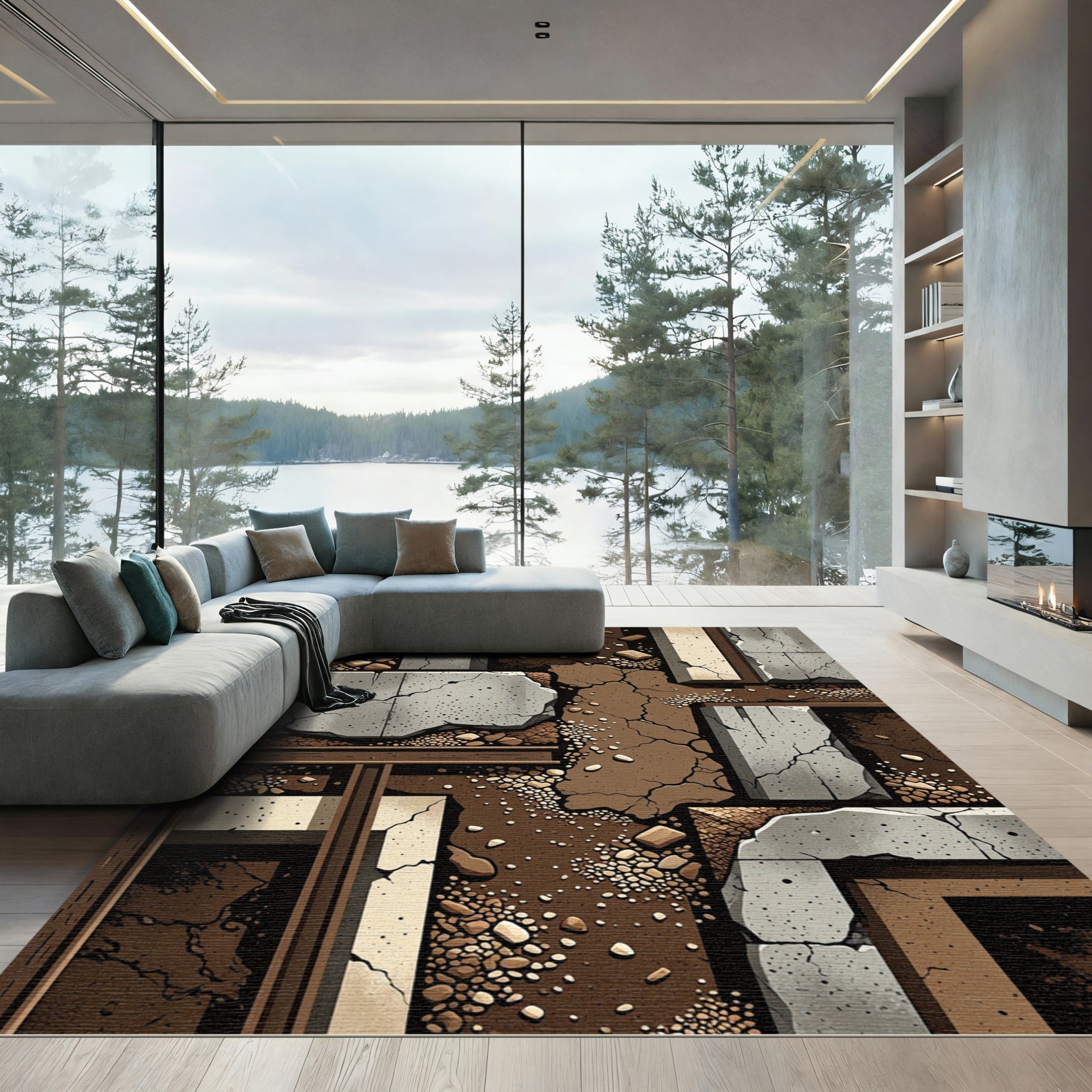 Cracked Earth Stone Geometric Grid Rug