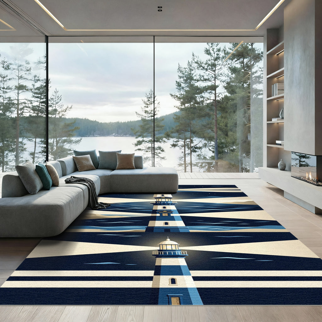 Coastal Navy and White Layered Lighthouse Rug