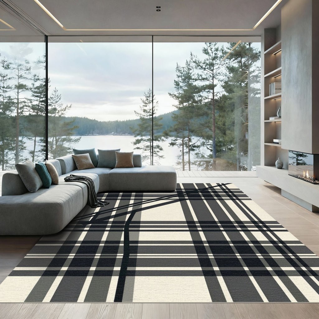Modern Minimalist Black and White Plaid Rug